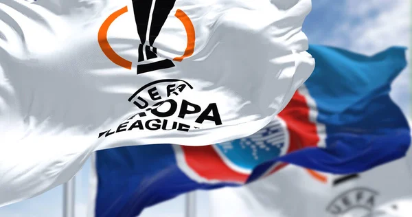 Budapest Hun July 2022 Flags Uefa Uefa Europa League Waving — стоковое фото