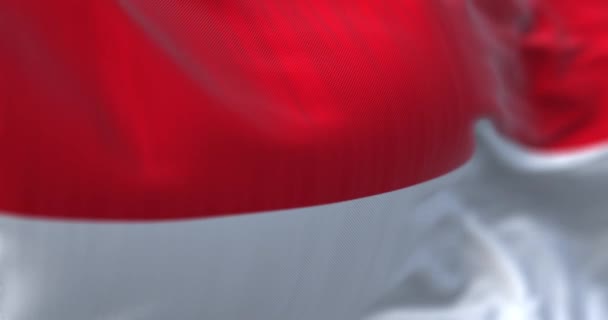 風になびくインドネシア国旗のクローズアップ インドネシア共和国は東南アジアの国です 生地の質感の背景 選択的フォーカス スローモーションでのシームレスなループ — ストック動画
