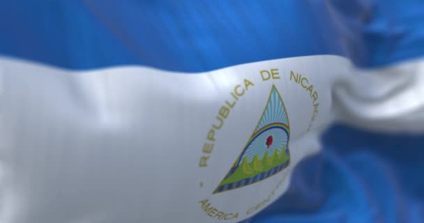 Vista Cerca Bandera Nacional Nicaragua Ondeando Viento República Nicaragua Estado — Vídeos de Stock