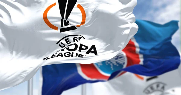 Budapest Hun July 2022 Flags Uefa Uefa Europa League Waving — kuvapankkivalokuva