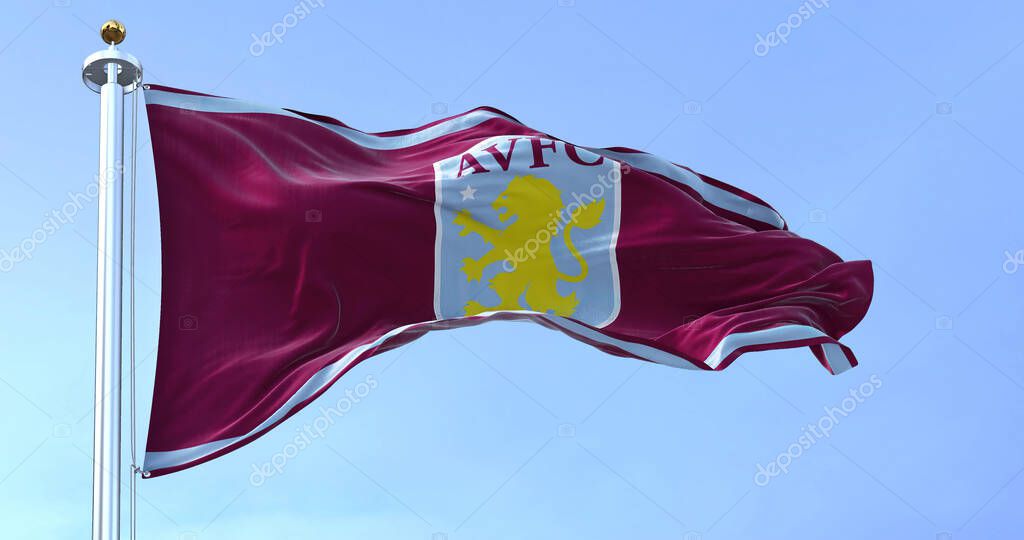 Birmingham, UK, May 2022: The flag of Aston Villa Football Club waving in the wind on a clear day. Aston Villa is a professional football club based in Aston, Birmingham, England