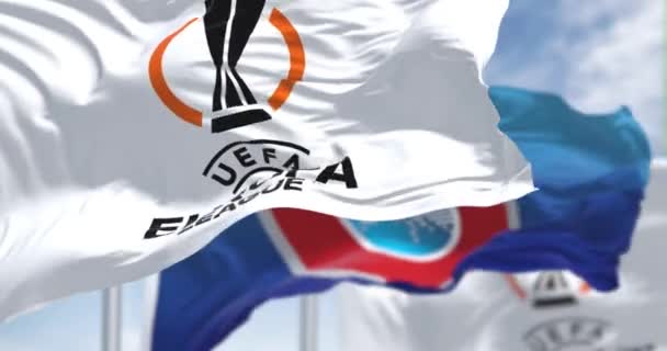 Budapest Hun July 2022 Flags Uefa Ліга Європи Уєфа Розмахують — стокове відео