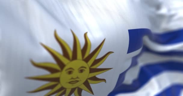 가까이 우루과이 국기가 바람에 흔들리고 우루과이의 공화국은 남아메리카에 나라이다 배경을 — 비디오