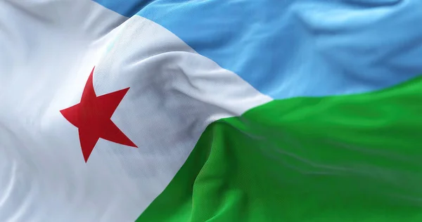 Vista Cerca Bandera Nacional Yibuti Ondeando Viento República Yibuti País — Foto de Stock