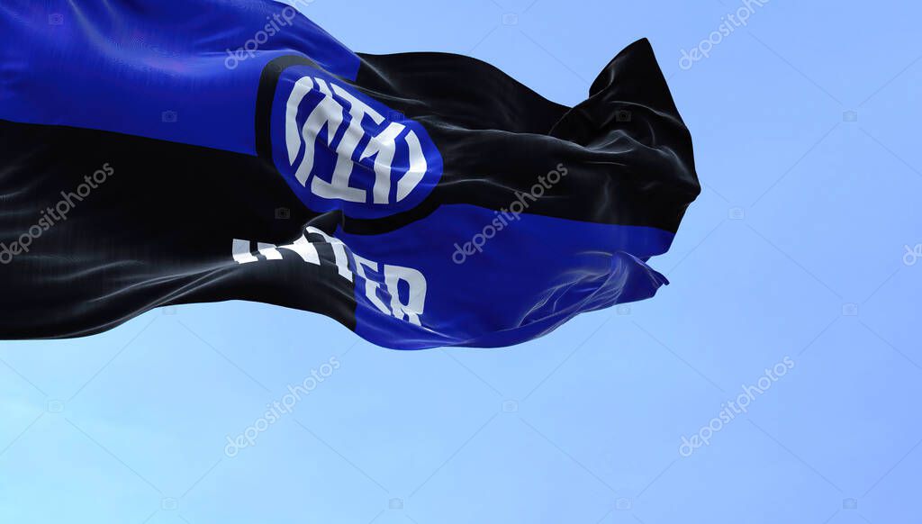 Milan, Italy, July 2022: The flag of Inter Football Club waving in the wind. Inter is a professional football club based in Milan, Italy