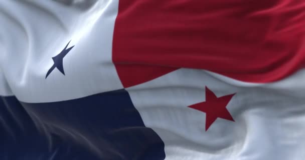 Rüzgarda Dalgalanan Panama Ulusal Bayrağının Yakın Çekim Görüntüsü Panama Cumhuriyeti — Stok video