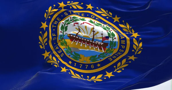 新罕布什尔州国旗飘扬的近景 新罕布什尔州是美国东北部新英格兰地区的一个州 我们的州旗 3D渲染 — 图库照片