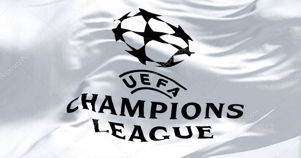 Istanbul TUR, July 2022: Close-up view of the UEFA Champions league flag waving. Champion League is the most prestigious club competition in European football. Fabric textured background.
