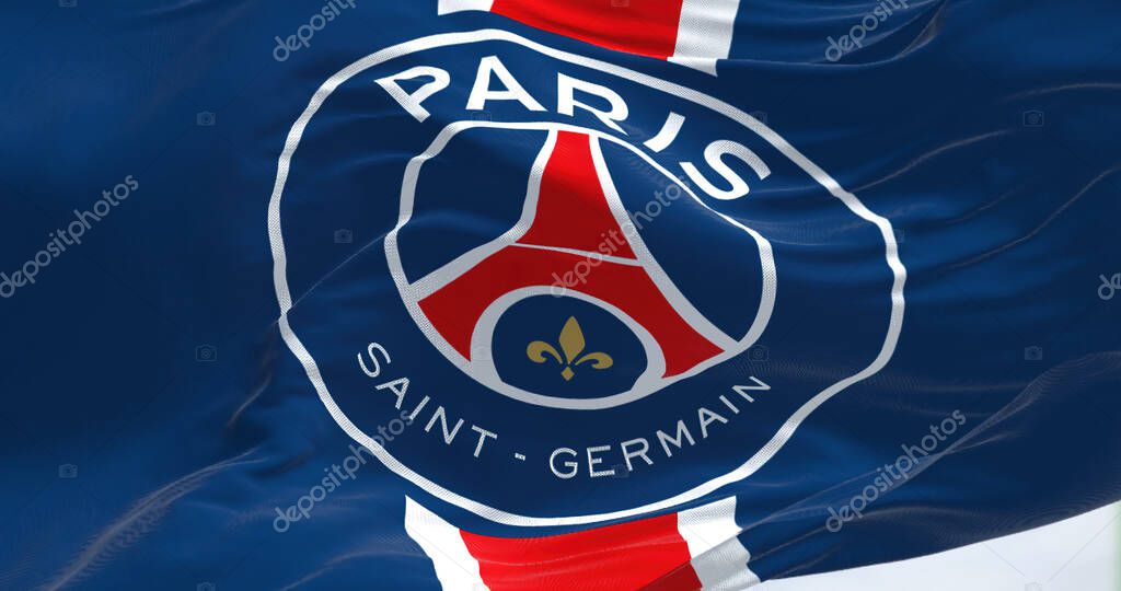 Paris, FRA, sept 2022: Close-up view of the Paris Saint Germain football club flag waving. Paris Saint Germain is a professional football club based in Paris, France