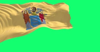 Yeşil arka planda New Jersey bayrağı sallanıyor. New Jersey, Amerika Birleşik Devletleri 'nin federal eyaletidir. 3 boyutlu görüntüleme. Yavaş çekimde kusursuz döngü. Yeşil ekran ve krom tuş