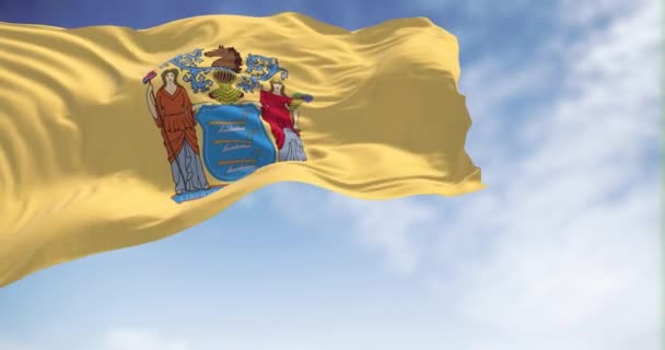 ニュージャージー州の旗が風になびいている ニュージャージー州はアメリカ連合国の州である 旗を掲げろ 3Dレンダリング スローモーションでのシームレスなループ — ストック動画