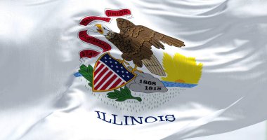Açık bir günde rüzgarda dalgalanan Illinois bayrağının yakın çekim görüntüsü. Illinois, ABD 'nin orta batısında bulunan bir eyalettir. Amerikan bayrağı. 3 Boyutlu Hazırlama