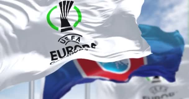 Praha Juli 2022 Bendera Dengan Uefa Dan Liga Konferensi Eropa — Stok Video