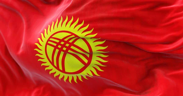 Vista Cerca Bandera Nacional Kirguistán Ondeando Viento República Kirguisa Estado — Foto de Stock