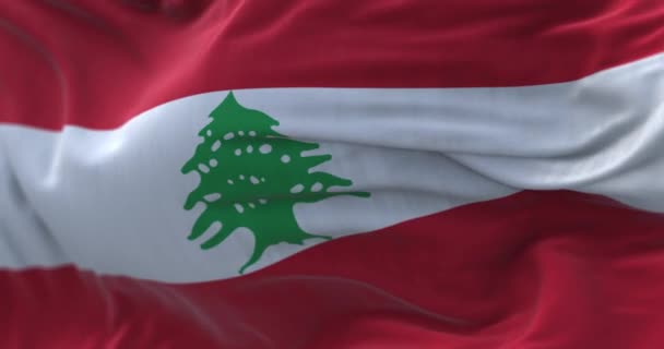 風になびくレバノン国旗のクローズアップ レバノン共和国は近い東の状態である 生地の質感の背景 選択的フォーカス スローモーションでのシームレスなループ — ストック動画