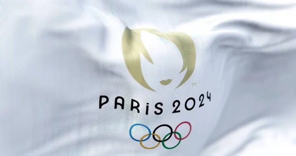 Paris Outubro 2022 Vista Perto Bandeira Dos Jogos Olímpicos Verão — Fotografia de Stock