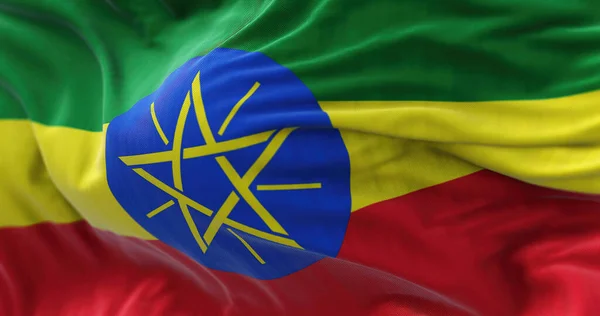 Vista Cerca Bandera Nacional Etiopía Ondeando Viento República Democrática Federal — Foto de Stock