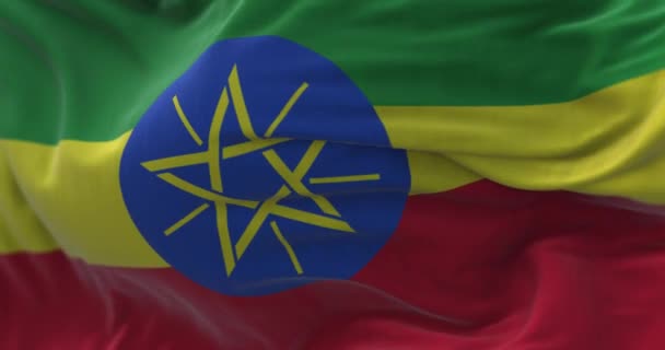 Pohled Zblízka Etiopskou Státní Vlajku Vlnící Etiopská Federativní Demokratická Republika — Stock video