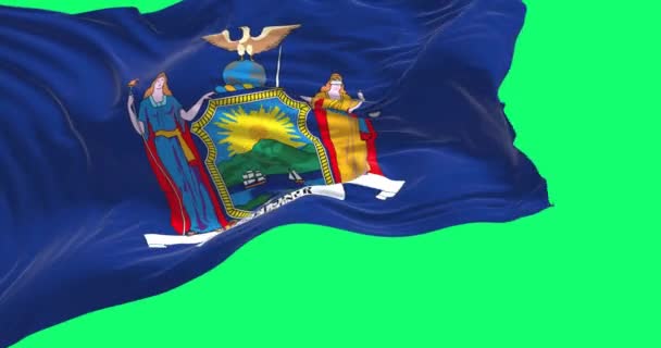 アメリカのニューヨーク州の旗は緑の背景に孤立して売られていた 緑の画面とクロマキー スローモーションでのシームレスなループ — ストック動画