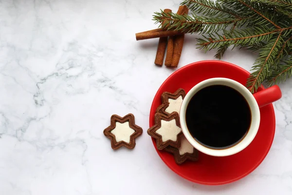 Taza Café Con Galletas Forma Estrella Palitos Canela Decoraciones Navideñas Imágenes de stock libres de derechos