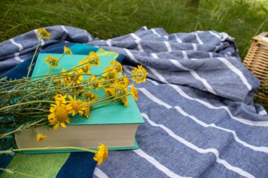 Açık havada kumaş arka planda kitap ve sarı çiçekler. Doğada dinlenmek, yaz tatili, roman okumaktan zevk almak..