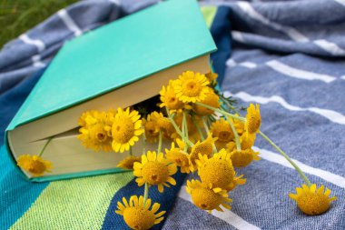 Açık havada kumaş arka planda kitap ve sarı çiçekler. Doğada dinlenmek, yaz tatili, roman okumaktan zevk almak..