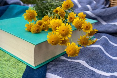 Açık havada kumaş arka planda kitap ve sarı çiçekler. Doğada dinlenmek, yaz tatili, roman okumaktan zevk almak..