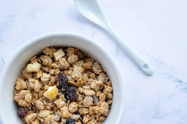 Bowl Homemade Granola Cereal Ceramic Spoon White Marble Table Background — 图库照片