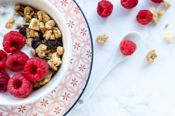 Bowl Homemade Granola Cereal Greek Yogurt Fresh Raspberry Berries White — 스톡 사진