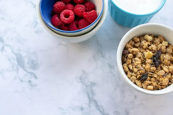 Bowl Homemade Granola Cereal Greek Yogurt Fresh Raspberry Berries White — 스톡 사진