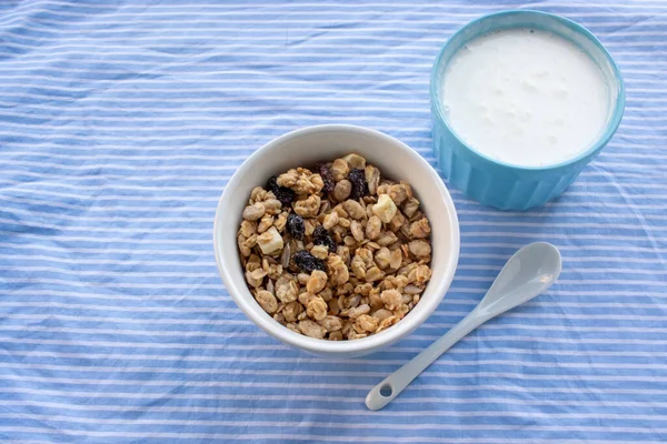 Bowl Homemade Granola Cereal Greek Yogurt Ceramic Spoon White Marble — 스톡 사진