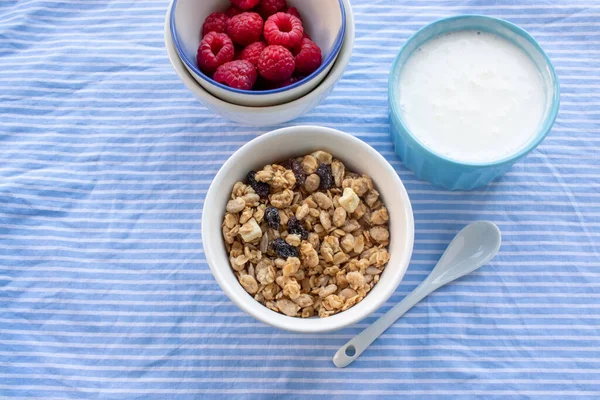 Bowl of homemade granola cereal with greek yogurt and fresh raspberry berries on white marble table background. Top view, flat lay, copy space. Healthy eating concept.