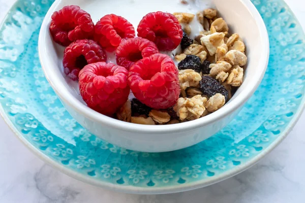 Bowl Homemade Granola Cereal Greek Yogurt Fresh Raspberry Berries White — 스톡 사진