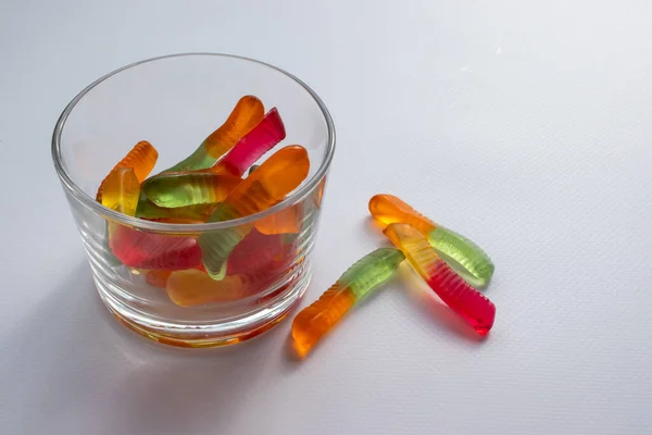 Halloween Treats Gummy Worms Glass Colorful Jelly Candies White Background — Stock Photo, Image