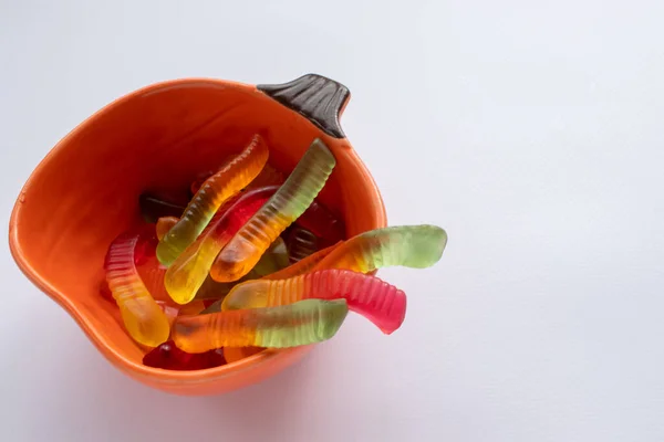 Halloween Treats Gummy Worms Pumpkin Bowl Colorful Jelly Candies White — Stock Photo, Image