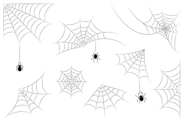 Set Van Halloween Spinnenwebben Met Spinnen Zwart Silhouet — Stockfoto