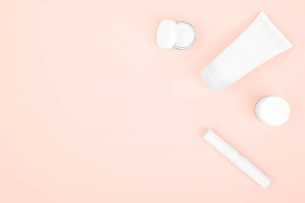 Pink Background White Cosmetics Hand Cream Face Cream Lipstick — Stock Photo, Image