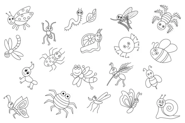 Sada Kresleného Hmyzu Černým Obrysem — Stock fotografie