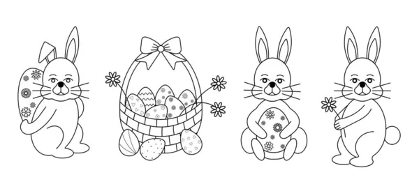 Set Easter Bunnies Eggs Black Outline — Stock Photo, Image