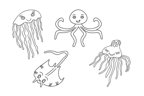 Stingray Octopus Jellyfish Black Outline — Stock Photo, Image
