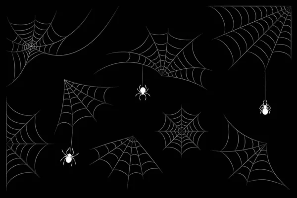 Set Cobwebs White Outline Spiders Black Background — Stockfoto