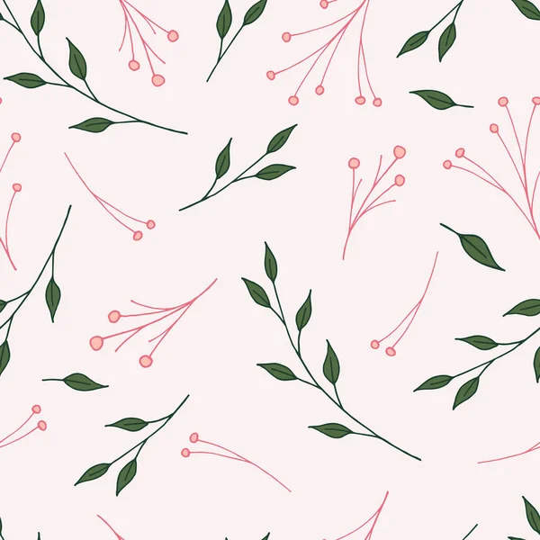 Seamless Pattern Pink Background Green Branches Leaves Pink Twigs — ストック写真