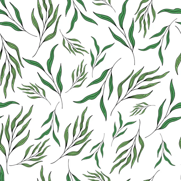 Seamless Pattern White Background Hand Drawn Green Branches Leaves — Stock Photo, Image