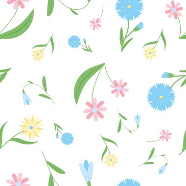 seamless pattern on a white background flowers yellow, blue and pink