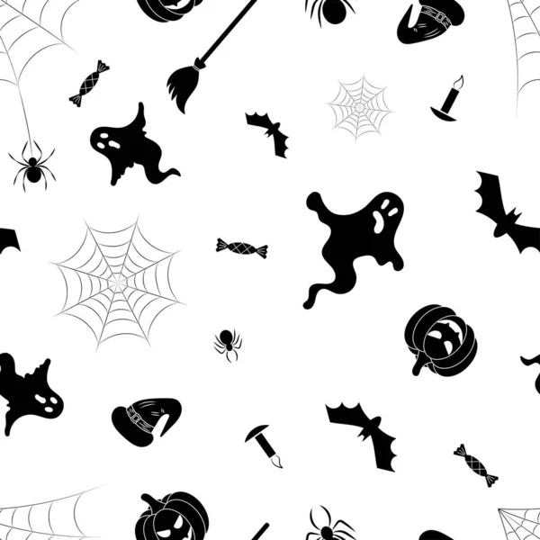 Halloween Seamless Pattern White Background White Ghosts Bats Black Pumpkins — Zdjęcie stockowe