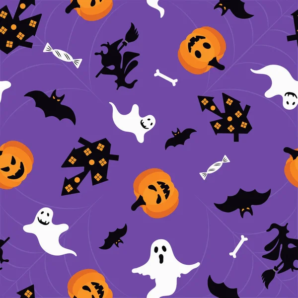 Seamless Pattern Lilac Background Pumpkin Ghost House Bat Witch Bone — Zdjęcie stockowe