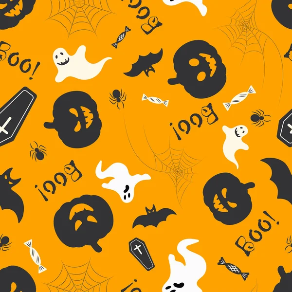 Halloween Seamless Pattern Orange Background White Ghosts Black Pumpkins Bats — Stockfoto