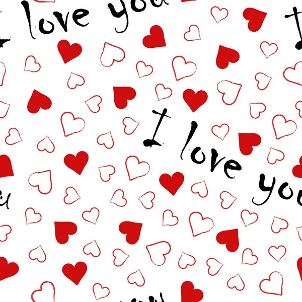 Seamless Pattern White Background Red Hearts Black Inscription Love You — Stock Photo, Image