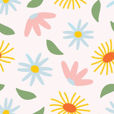 spring seamless pattern on pink background flowers blue, orange and pink