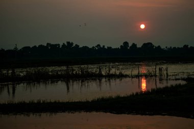 Köyün en büyük gölünde altın gün batımı ve suda üç farklı katman var.